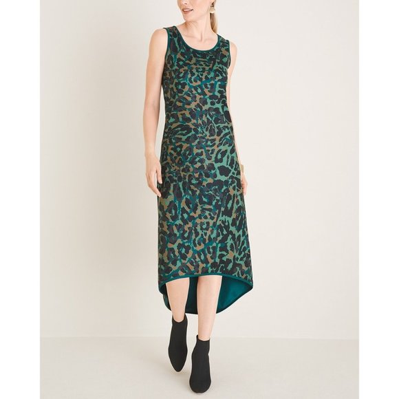 Chicos Womens Green Leopard Animal Print High Low Hem Dress size 0 2 - Picture 1 of 15